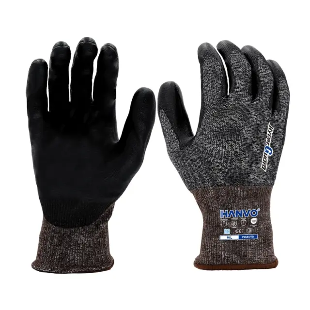 HANVO’s 18‑gauge high‑performance blended glove provides ANSI A5 cut‑E protection together with ESD anti‑static function for static‑sensitive working zones. PU palm dipping ensures stable dry grip, touch‑screen compatible for convenient device operation. Balances heavy‑duty cut‑resistance, static control and fingertip agility, widely used in electronics manufacturing, automotive, machinery maintenance and warehousing.