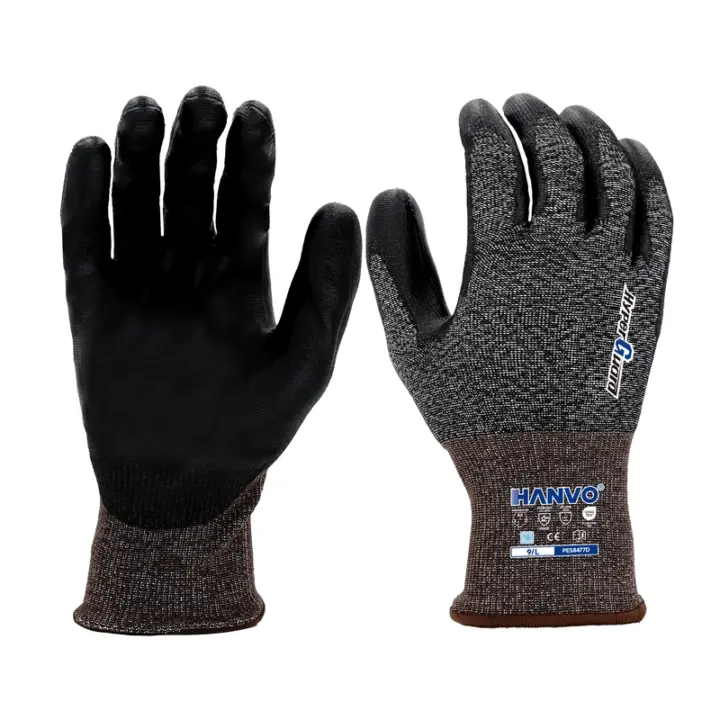HANVO’s 18‑gauge high‑performance blended glove provides ANSI A5 cut‑E protection together with ESD anti‑static function for static‑sensitive working zones. PU palm dipping ensures stable dry grip, touch‑screen compatible for convenient device operation. Balances heavy‑duty cut‑resistance, static control and fingertip agility, widely used in electronics manufacturing, automotive, machinery maintenance and warehousing.