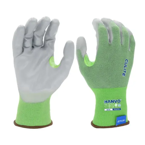 HANVO’s 18‑gauge polyester/Culite/spandex safety glove provides ANSI A3 cut‑resistant performance paired with level‑3 abrasion resistance. PU palm coating ensures stable grip under dry working conditions. Reinforced thumb crotch improves service life for high‑stress zones, touch‑screen function enables direct phone & tablet operation. Suitable for facility maintenance, automotive assembly, transport and warehousing.