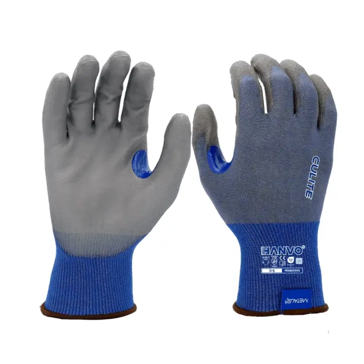 HANVO’s 18‑gauge polyester/Culite safety glove delivers ANSI A4 cut protection with level‑3 abrasion resistance. PU palm dipping offers reliable dry‑grip performance, crotch reinforcement strengthens high‑stress thumb area, and touch‑screen compatible liner supports electronic device operation without glove removal. Ideal for general assembly, machinery maintenance, material handling and warehousing applications.