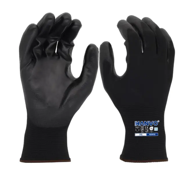 HANVO’s lightweight 18‑gauge polyester work glove features PU palm dipping for secure dry‑condition grip. Breathable seamless knit wicks moisture away, keeps hands cool and dry for long‑time wearing. Low‑irritation liner supports all‑day comfort, perfect for facility maintenance, general assembly, warehousing and transport operations.
