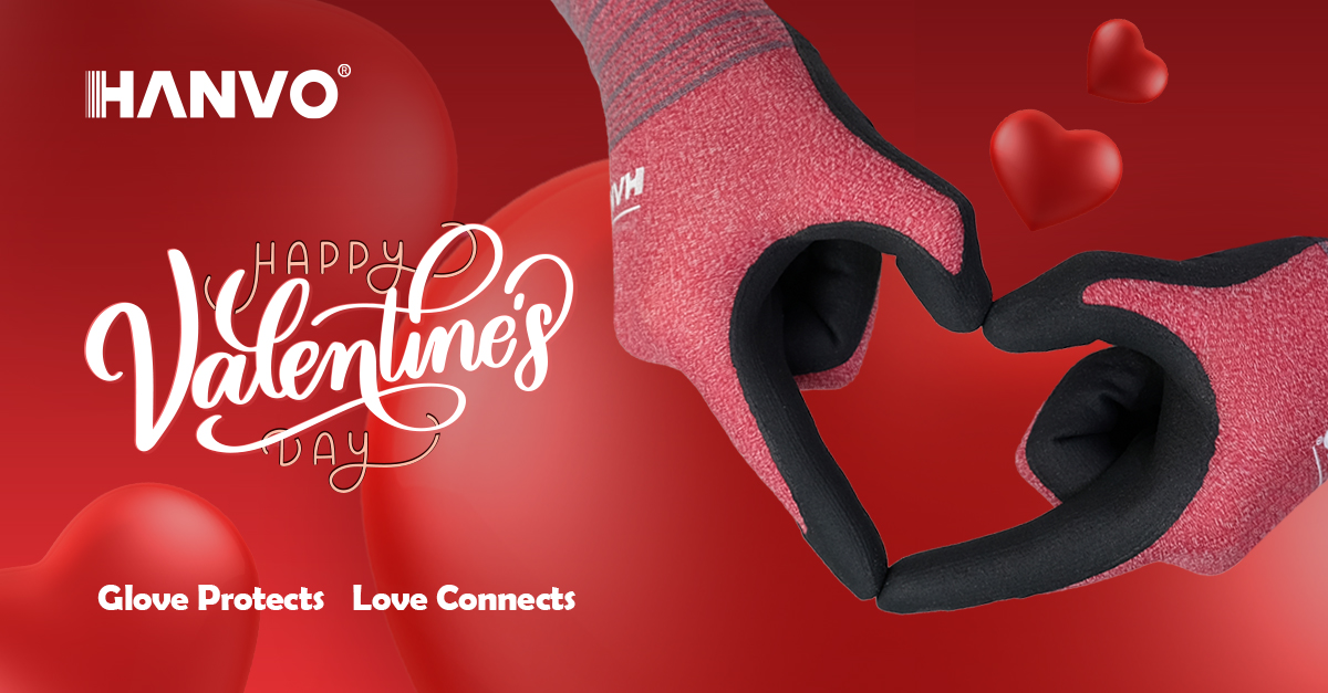HANVO Safety's Valentine's Day greeting, featuring safety gloves shaped to form a heart, symbolizing love and protection.