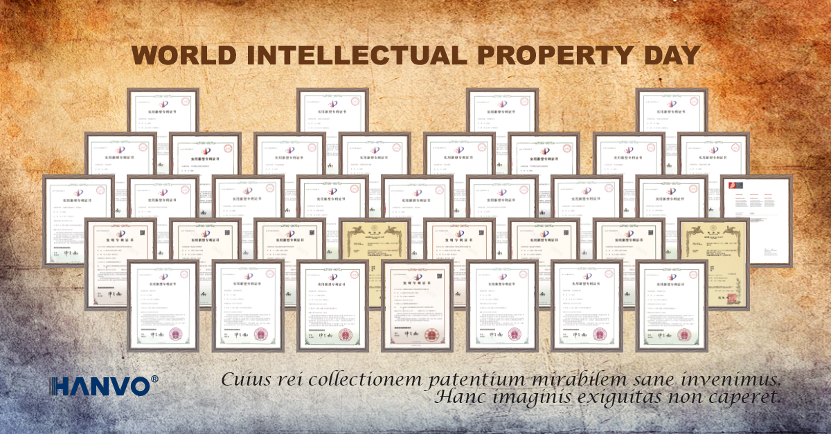 A World Intellectual Property Day 2025 poster by HANVO, featuring framed patent certificates on a textured brown background. The text "WORLD INTELLECTUAL PROPERTY DAY" is at the top, with a Latin quote below: "Cuius rei collectionem patentium mirabilem sane invenimus. Hanc imaginis exiguitas non caperet." The HANVO logo is on the bottom left.
