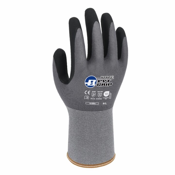 Front view of grey nylon/spandex cut-resistant glove with black nitrile palm coating and printed certifications | HANVO