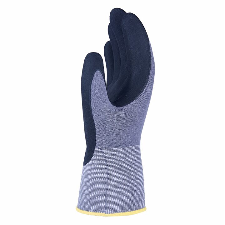 Side angle of lightweight safety glove showing ergonomic black nitrile-coated palm and grey fabric shell | HANVO