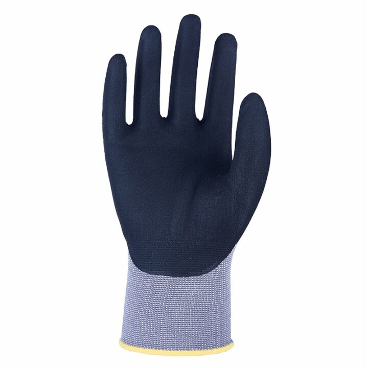 Rear view of nitrile coated safety glove with seamless 15-gauge construction and comfortable wrist fit | HANVO