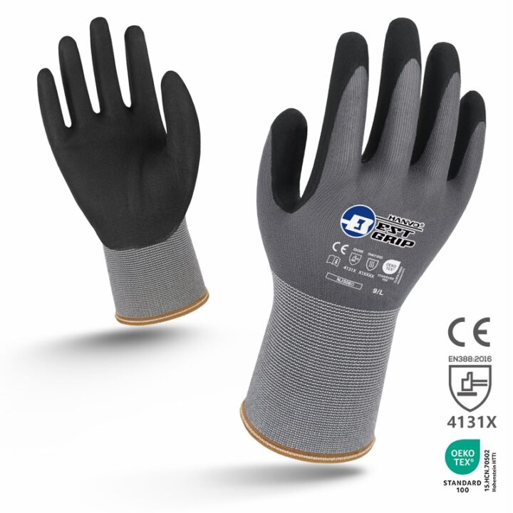 15-gauge grey nylon and spandex safety gloves with black nitrile coating, ANSI cut level 1 protection, front and angled view on white background | HANVO
